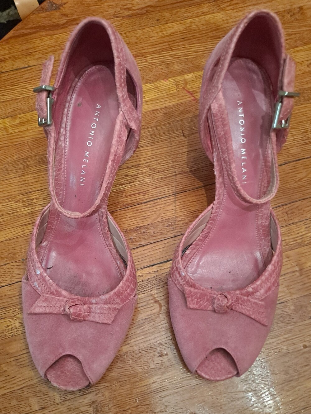 ANTONIO MELANI Dusty Rose Suede Peep-Toe Ankle Strap Heels
